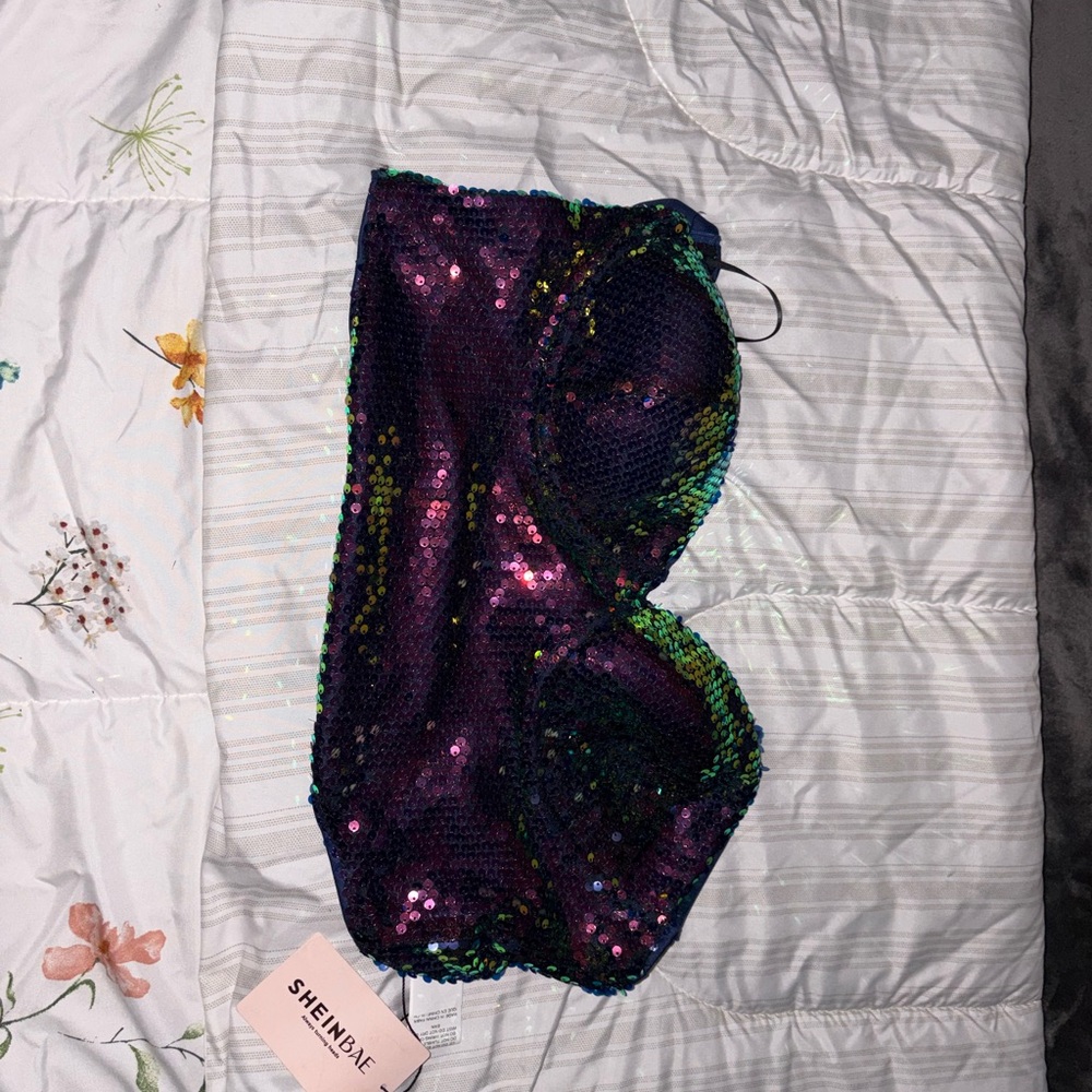 SHEIN Purple Green Sequin Strapless Crop Top